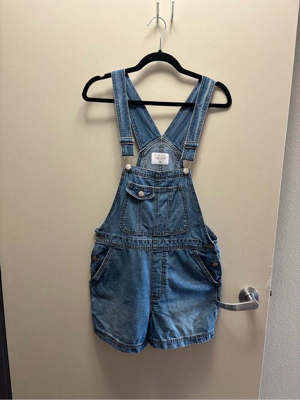 Light Wash Denim Overalls with Front Snap Detail - Blue